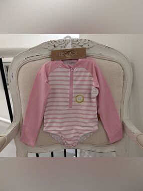 💗 2T Toddler Girls Pink Stripe Long-Sleeve Rash Guard Swimsuit NWT